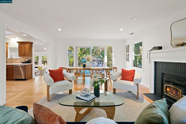 Dining room, Fireplace, Interior, Kitchen, Living room, Recessed Lighting, Wood Texture Flooring