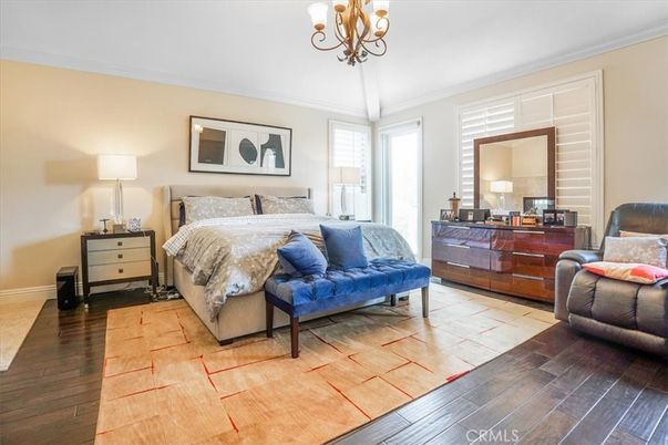 Bedroom, Chandelier, Interior, Wood Texture Flooring