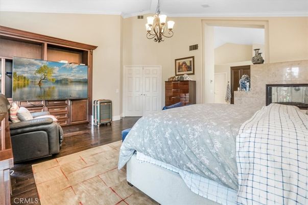 Bedroom, Chandelier, Interior, Wood Texture Flooring