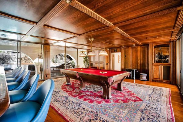 Billiard Table, Game Room, Interior, Pendant Lights, Wooden Ceilings, Wood Texture Flooring, Wooden Walls