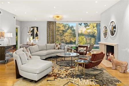 Fireplace, Interior, Living room, Recessed Lighting, Wood Texture Flooring