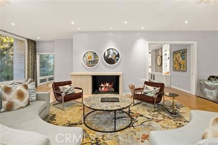 Fireplace, Interior, Living room, Recessed Lighting, Wood Texture Flooring