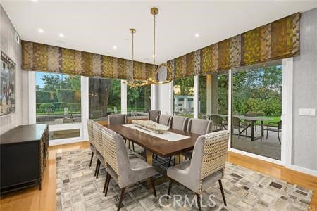 Dining room, Interior, Pendant Lights, Recessed Lighting, Wood Texture Flooring