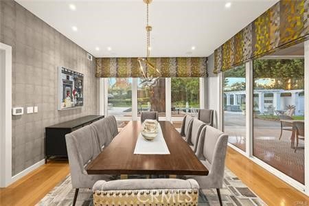 Dining room, Interior, Pendant Lights, Recessed Lighting, Wood Texture Flooring