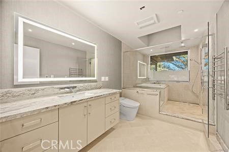Bathroom, Dual Sink Vanities, Glass Shower, Interior, Recessed Lighting