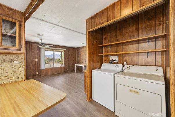 Interior, Washer, Wood Texture Flooring, Wooden Walls