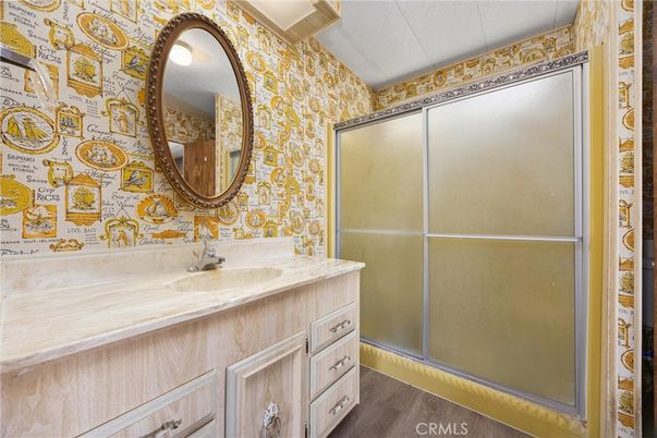 Bathroom, Glass Shower, Interior, Wood Texture Flooring