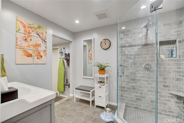 Bathroom, Glass Shower, Interior, Recessed Lighting, Stone Walls