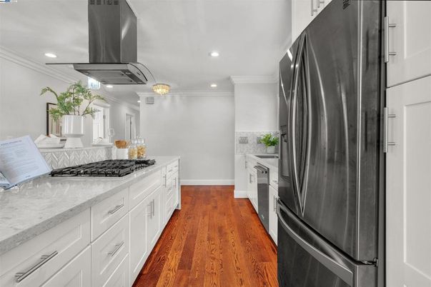 Interior, Kitchen, Recessed Lighting, Stainless Steel Appliances, Wood Texture Flooring