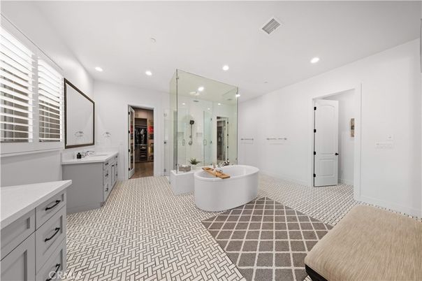 Bathroom, Dual Sink Vanities, Free Standing Baths, Glass Shower, Interior, Recessed Lighting