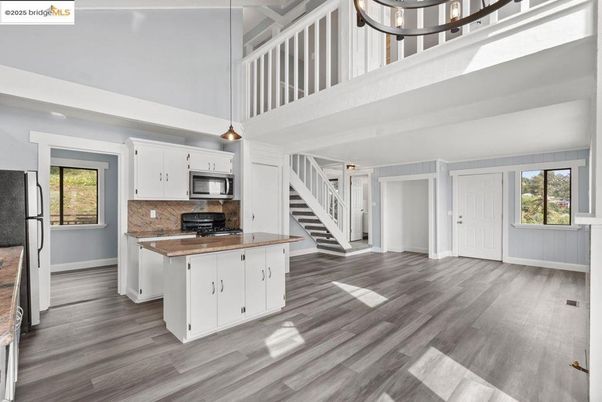 Interior, Kitchen, Pendant Lights, Stainless Steel Appliances, Wood Texture Flooring