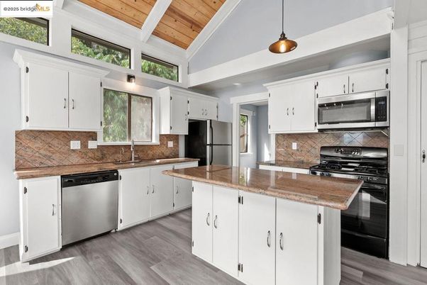 Interior, Kitchen, Pendant Lights, Stainless Steel Appliances, Wooden Ceilings, Wood Texture Flooring