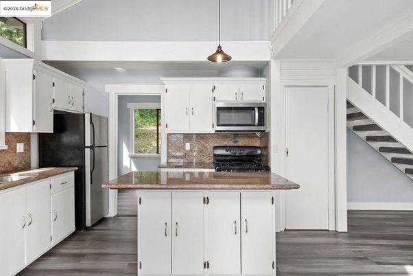 Interior, Kitchen, Pendant Lights, Stainless Steel Appliances, Wood Texture Flooring
