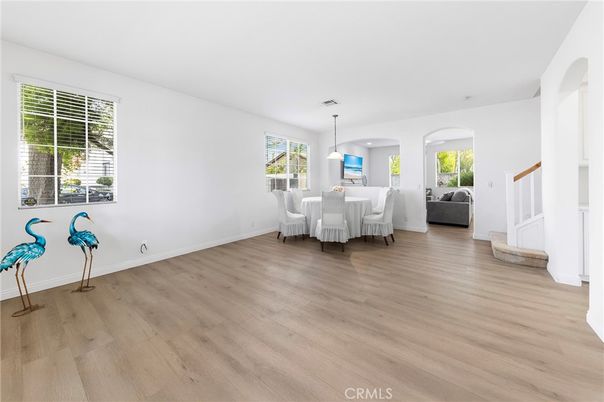 Dining room, Interior, Pendant Lights, Recessed Lighting, Wood Texture Flooring