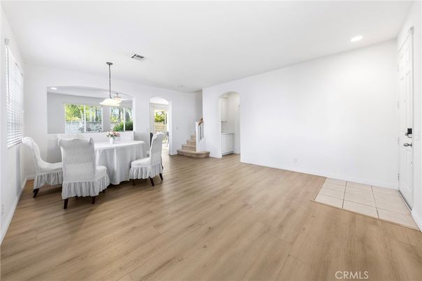 Dining room, Interior, Pendant Lights, Recessed Lighting, Wood Texture Flooring