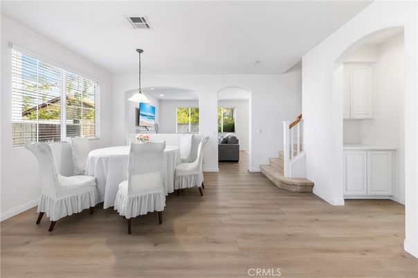 Dining room, Interior, Pendant Lights, Recessed Lighting, Wood Texture Flooring