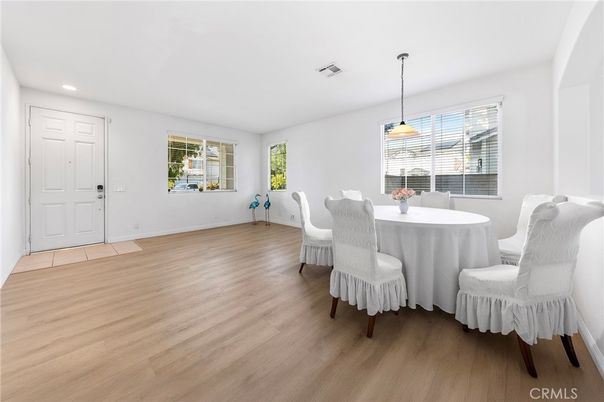 Dining room, Interior, Pendant Lights, Recessed Lighting, Wood Texture Flooring