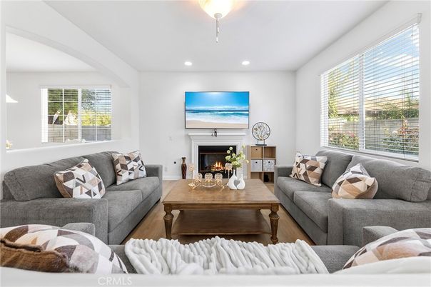 Fireplace, Interior, Living room, Recessed Lighting, Wood Texture Flooring