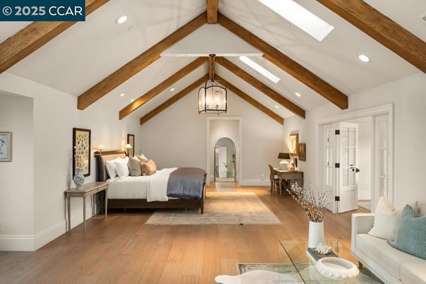 Bedroom, Interior, Pendant Lights, Recessed Lighting, Wooden Beams, Wood Texture Flooring