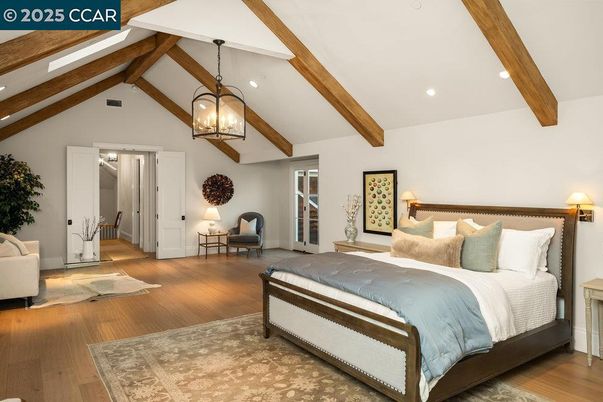 Bedroom, Interior, Pendant Lights, Recessed Lighting, Wooden Beams, Wood Texture Flooring