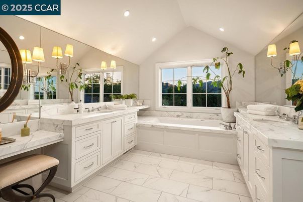 Bathroom, Dual Sink Vanities, Interior, Marble, Recessed Lighting