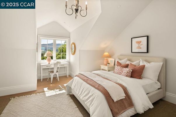 Bedroom, Chandelier, Home Office, Interior, Wood Texture Flooring