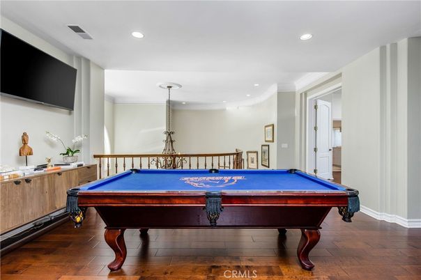 Billiard Table, Game Room, Interior, Pendant Lights, Recessed Lighting, Wood Texture Flooring
