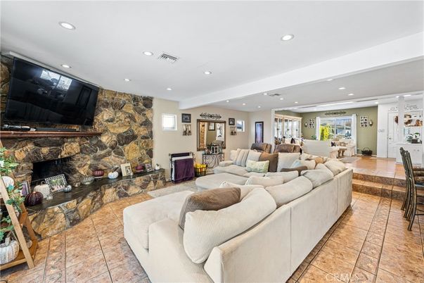 Fireplace, Interior, Living room, Recessed Lighting, Stone Walls