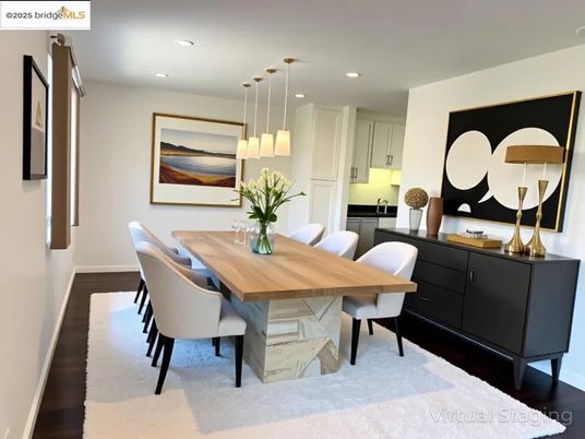Dining room, Interior, Kitchen, Pendant Lights, Recessed Lighting, Wood Texture Flooring
