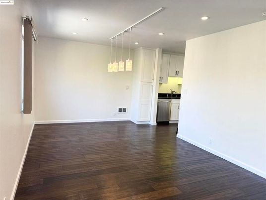 Empty room, Interior, Kitchen, Pendant Lights, Recessed Lighting, Wood Texture Flooring