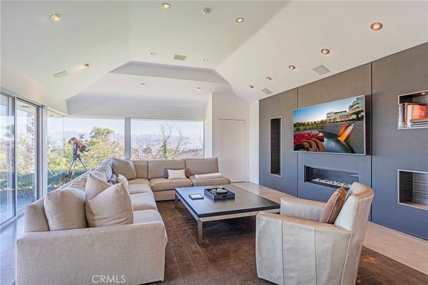 Fireplace, Interior, Living room, Recessed Lighting, Wood Texture Flooring