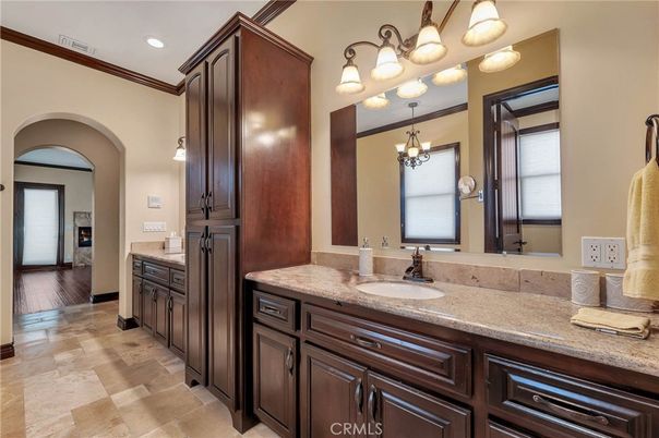 Bathroom, Chandelier, Dual Sink Vanities, Interior, Recessed Lighting
