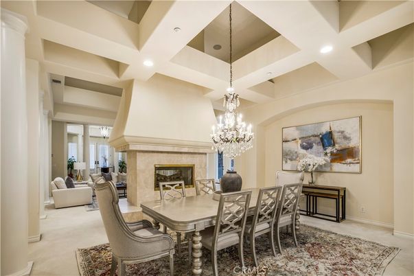 Chandelier, Dining room, Fireplace, Interior, Living room, Recessed Lighting