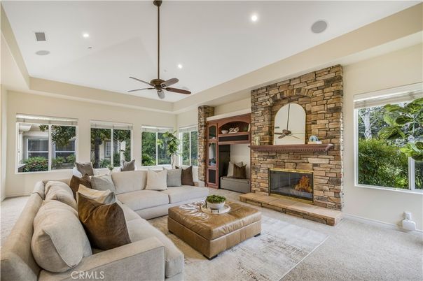Fireplace, Interior, Living room, Recessed Lighting, Stone Walls