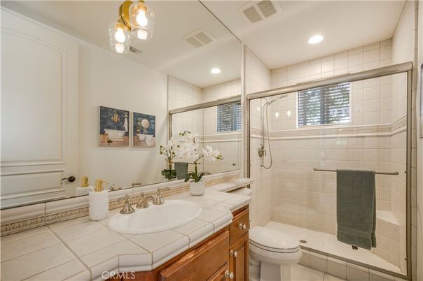 Bathroom, Glass Shower, Interior, Recessed Lighting, Tile Countertops