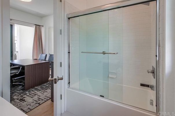 Bathroom, Glass Shower, Interior, Recessed Lighting, Wood Texture Flooring