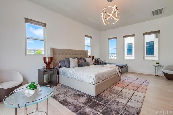 Bedroom, Interior, Pendant Lights, Wood Texture Flooring