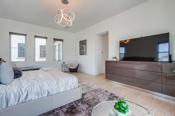 Bedroom, Interior, Pendant Lights, Wood Texture Flooring