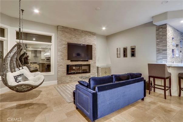 Fireplace, Interior, Living room, Pendant Lights, Recessed Lighting, Stone Walls