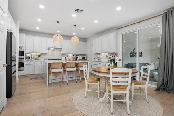 Chandelier, Dining room, Interior, Recessed Lighting, Wood Texture Flooring