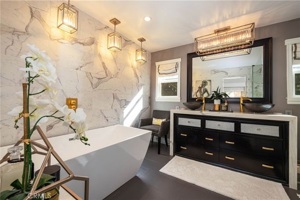 Bathroom, Dual Sink Vanities, Free Standing Baths, Interior, Marble Walls, Pendant Lights, Recessed Lighting