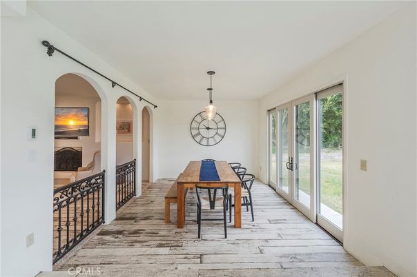 Dining room, Fireplace, Interior, Pendant Lights, Wood Texture Flooring