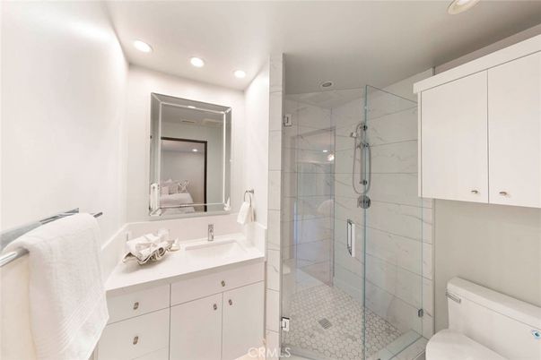 Bathroom, Glass Shower, Interior, Marble Walls, Recessed Lighting