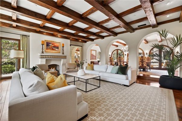 Fireplace, Interior, Living room, Recessed Lighting, Wooden Beams, Wood Texture Flooring