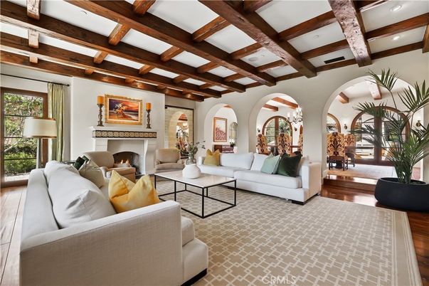 Fireplace, Interior, Living room, Recessed Lighting, Wooden Beams