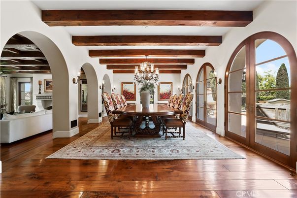 Chandelier, Dining room, Interior, Wooden Beams, Wood Texture Flooring