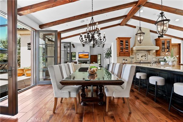 Chandelier, Dining room, Fireplace, Interior, Kitchen, Pendant Lights, Recessed Lighting, Wooden Beams, Wood Texture Flooring