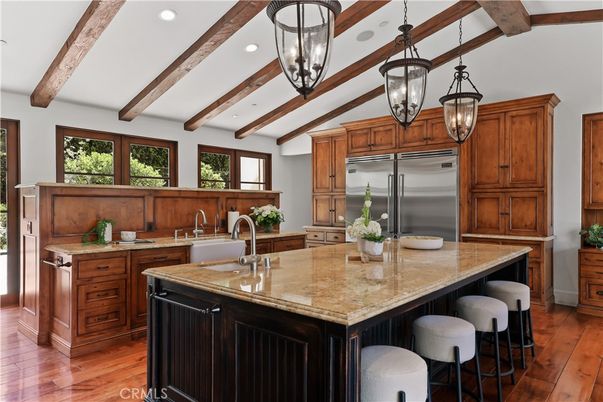 Interior, Kitchen, Pendant Lights, Recessed Lighting, Stainless Steel Appliances, Wooden Beams, Wood Texture Flooring