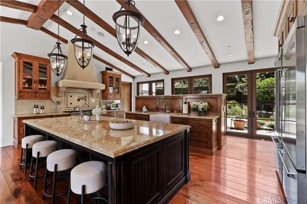 Interior, Kitchen, Pendant Lights, Recessed Lighting, Stainless Steel Appliances, Wooden Beams, Wood Texture Flooring