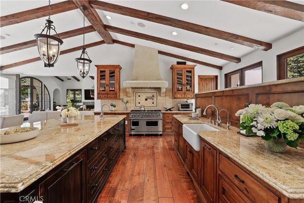 Chandelier, Interior, Kitchen, Pendant Lights, Recessed Lighting, Stainless Steel Appliances, Wooden Beams, Wood Texture Flooring